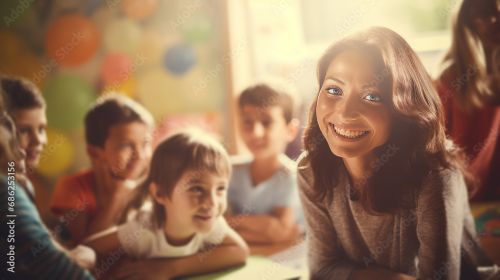 Fototapeta premium Handsome smiling woman teacher in children class radiates positivity while teaching fostering connection with children and making learning delightful experience, productive teaching methods