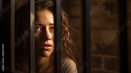 Sorrowful female inmate sad behind bars desperately asking to released from custody symbolizing quest for fairness, treacherous criminal woman in prison embodies societal threat