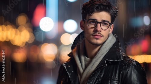 Portrait of a handsome young man wearing glasses and coat at night. ai generative