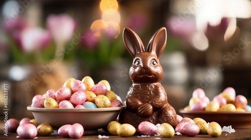 A Chocolate Easter Bunny Sitting on a Table Surrounded by Flowers. A chocolate bunny sitting on a Easter themed table next to some flowers photo