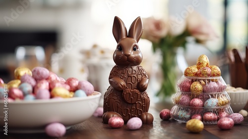 A Chocolate Easter Bunny Sitting on a Table Surrounded by Flowers. A chocolate bunny sitting on a Easter themed table next to some flowers photo
