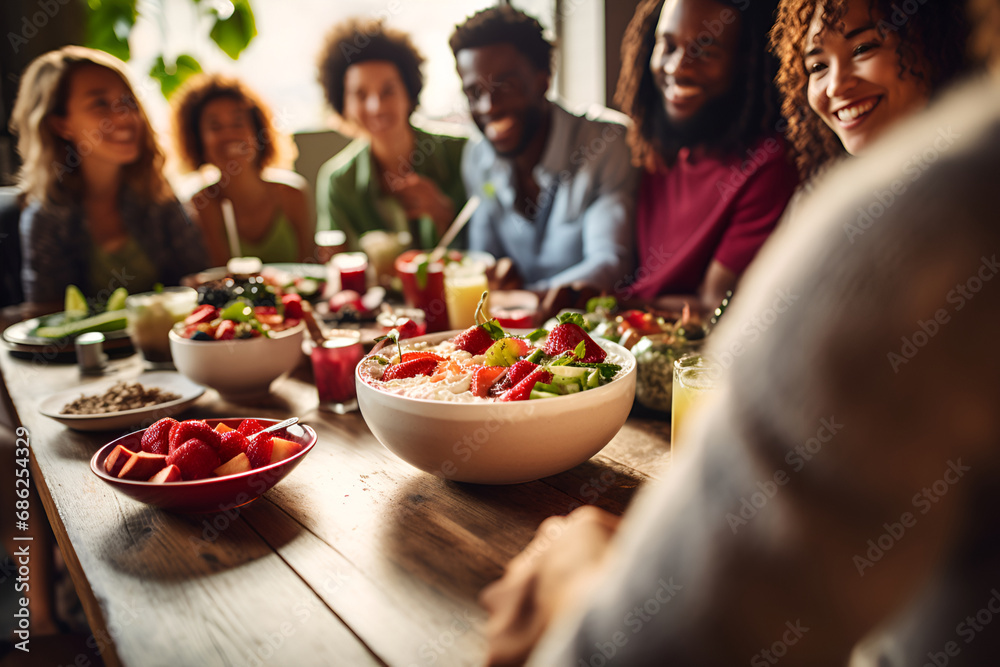 Vegan friends gathered around a table with healthy plant-based food