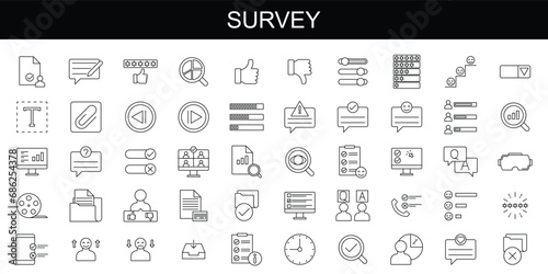 Survey icon set. Containing feedback, opinion, questionnaire, poll, research, data collection, review and satisfaction icons. Solid icon collection. Vector illustration.