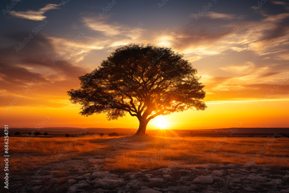 lonely tree in the African desert against the backdrop of the orange sunset sun generative ai lonely tree in the African desert against the backdrop of the orange sunset sun generative ai