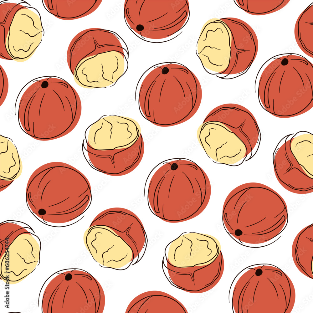 Macadamia line art style seamless pattern. Vector illustration of nuts in sketch style.