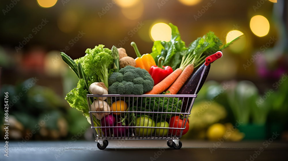 Grocery cart loaded with fresh veggies at the supermarket - obrazy, fototapety, plakaty 