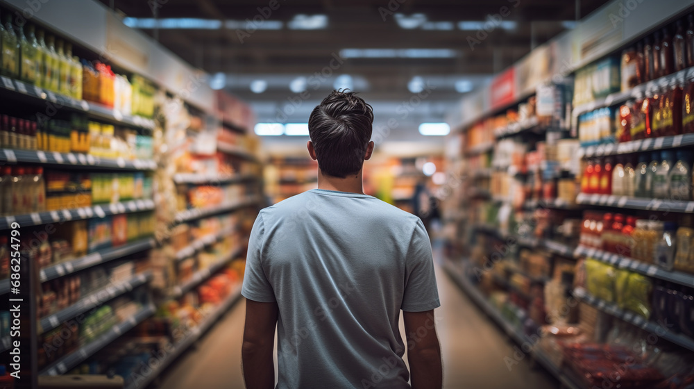 A casual style man in a supermarket, back view A casual style man in a supermarket, back view