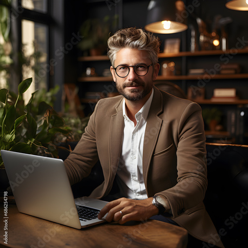 Smiling handsome businessman with beard and glasses sits smiling at work desk with laptop. Workplace with nice environment.