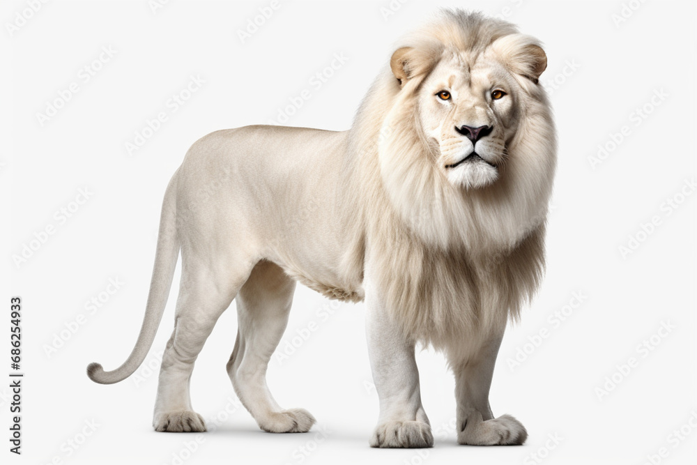 Obraz premium White lion isolated on a white background. Majestic big feline right-side view portrait.