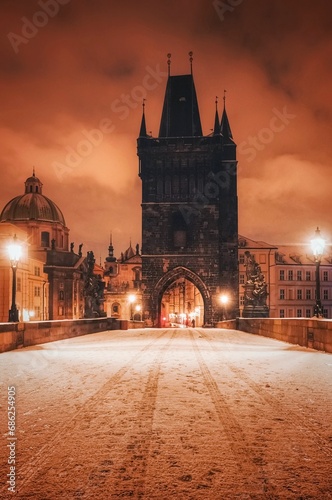 Winter morning on Charles Bridge, Prague, Czech Republic