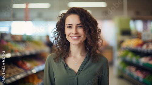 A pretty smiling woman on a supermarket background, selective focus