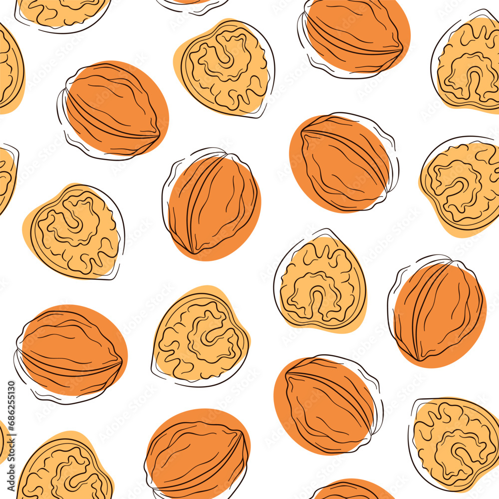 Seamless pattern of line art walnuts on white background. Design for nut chocolate, nut cream and nut products packing. Vector illustration.