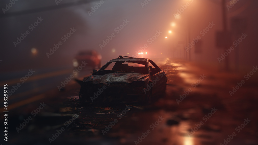 the car had an accident in cloudy weather and fog generative ai