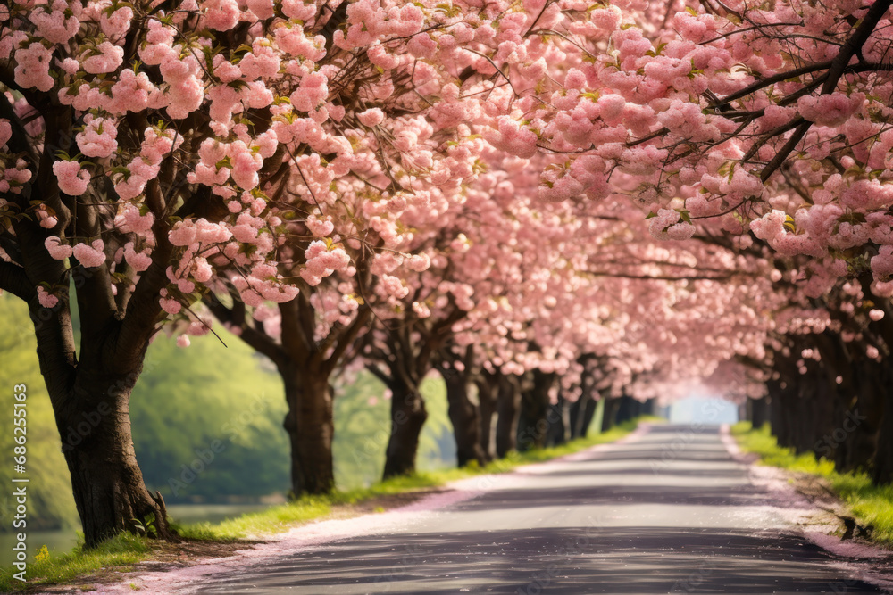Naklejka premium blooming chestnuts tree along an empty road generative ai