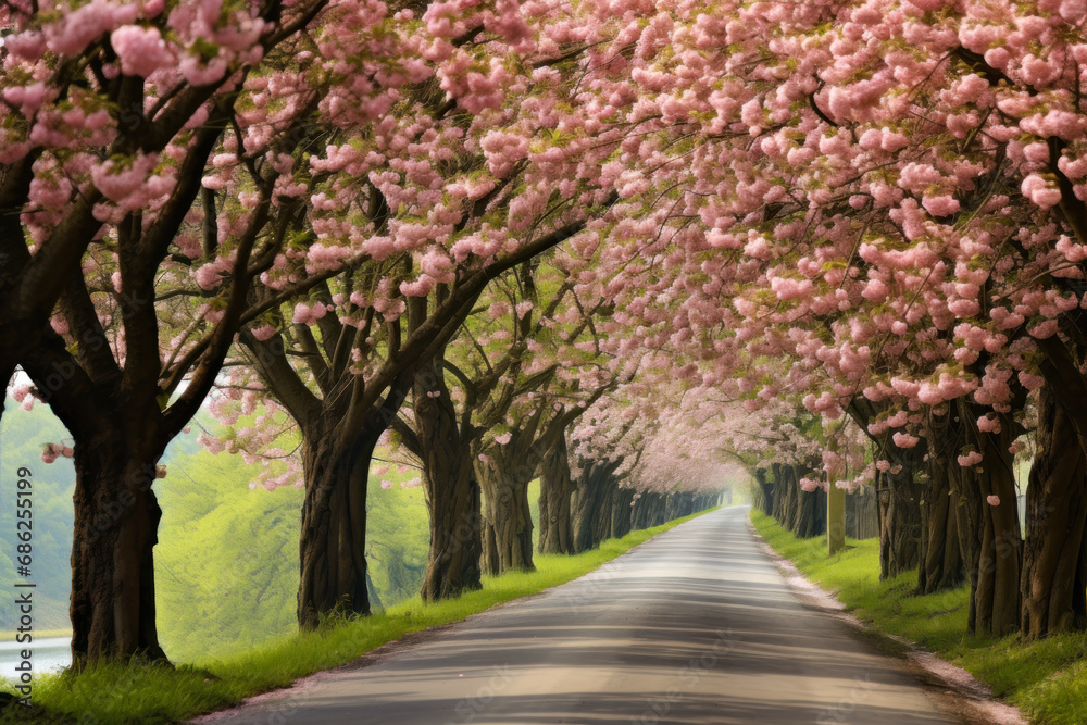 blooming chestnuts  tree along an empty road generative ai