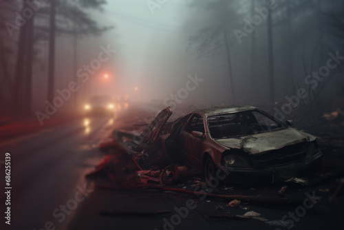the car had an accident in cloudy weather and fog generative ai