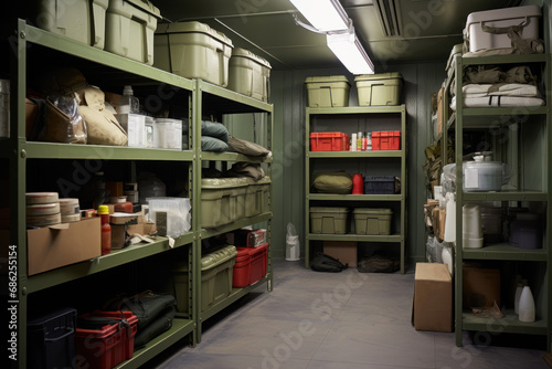 bunker bomb shelter warehouse room with supplies of necessary things generative ai photo
