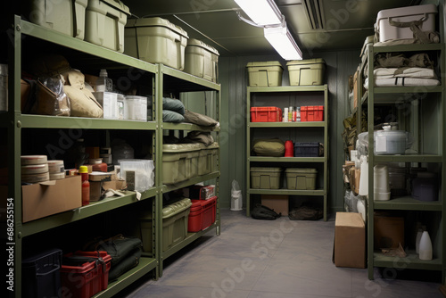 bunker bomb shelter warehouse room with supplies of necessary things generative ai