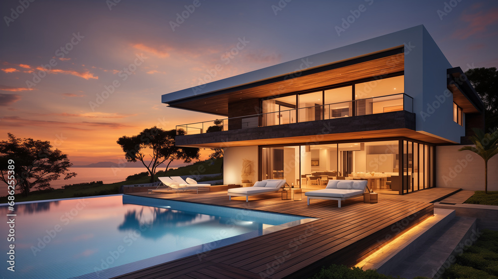 modern villa at sunrise or sunset. The villa features sleek and contemporary architecture, and the evening setting offers a tranquil ambiance