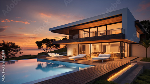 modern villa at sunrise or sunset. The villa features sleek and contemporary architecture, and the evening setting offers a tranquil ambiance © sandsun