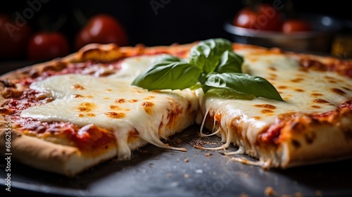 A shot of a hot and cheesy slice of margherita pizza, straight from the oven.