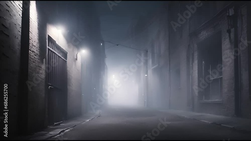 dark foggy night alley street - ghostly and spooky - dark night - AI Generated Video photo