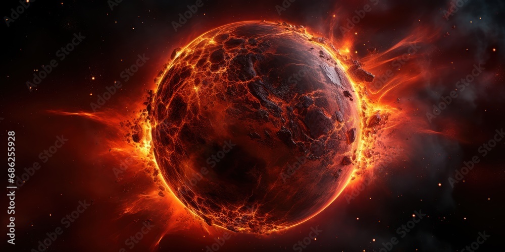 A digital artwork depicts Earth cracking and glowing with inner fire.