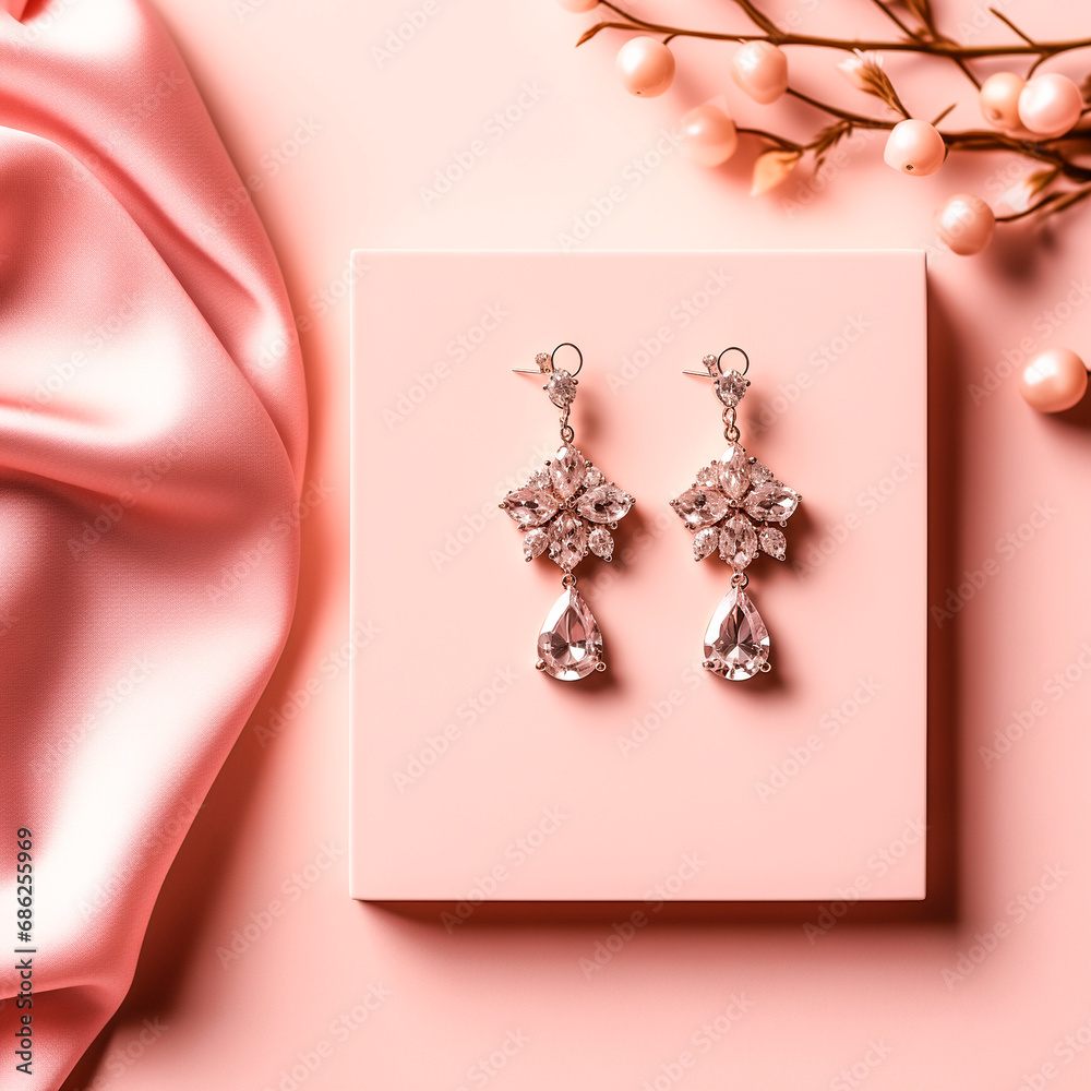 Gold earrings with white crystals and diamonds on a soft pink background. Women's accessories. Gold earrings with white crystals and diamonds on a soft pink background. Women's accessories.