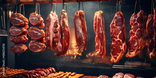A variety of meats hanging on a line in a market or butcher shop. Industrial smoking of sausages and meat products. Farm sausage production with smoke background 