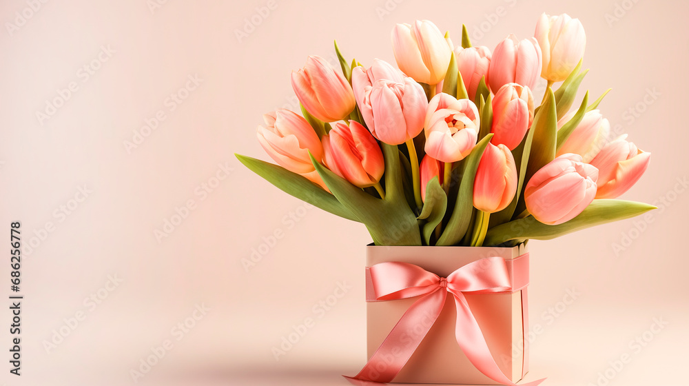 Fototapeta premium Bouquet of tulips in gift bag on pastel background. Banner, Side view, space for text.