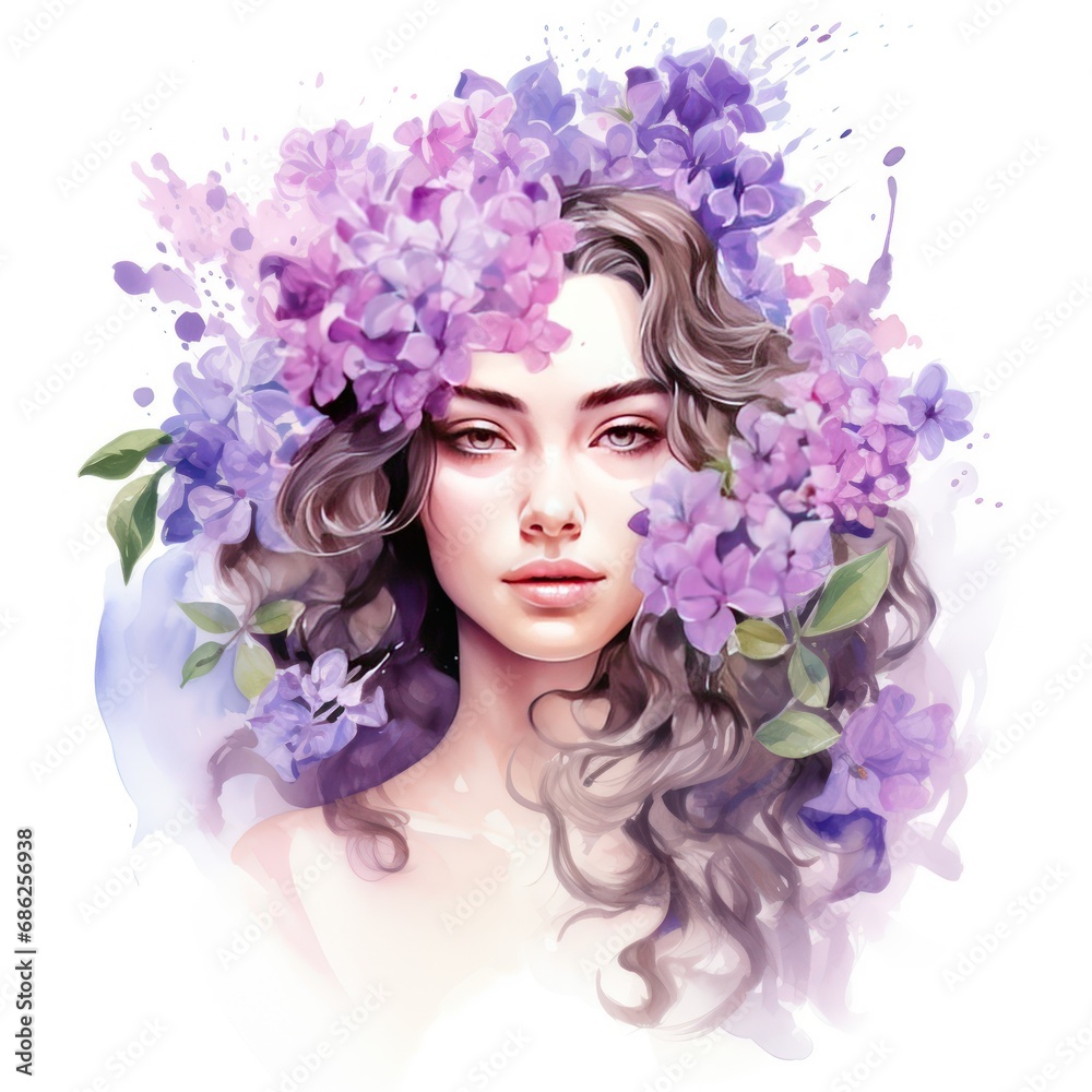 Captivating Watercolor Clipart of a Lilac Flower Lady Embracing the Romance of Floral Artistry