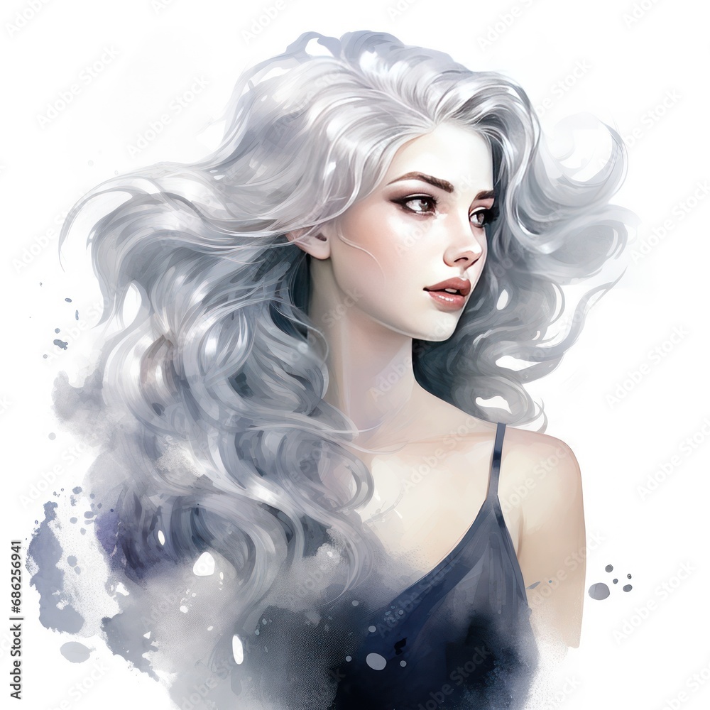 Fototapeta premium Captivating Watercolor Clipart of Graceful Girl in Silver Dress and Hair
