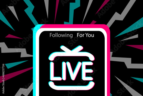 Live icon on smartphone screen in popular social media style. Modern advertising social media design.