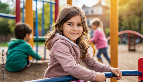 Cute young girl at a playground outdoor with her friends