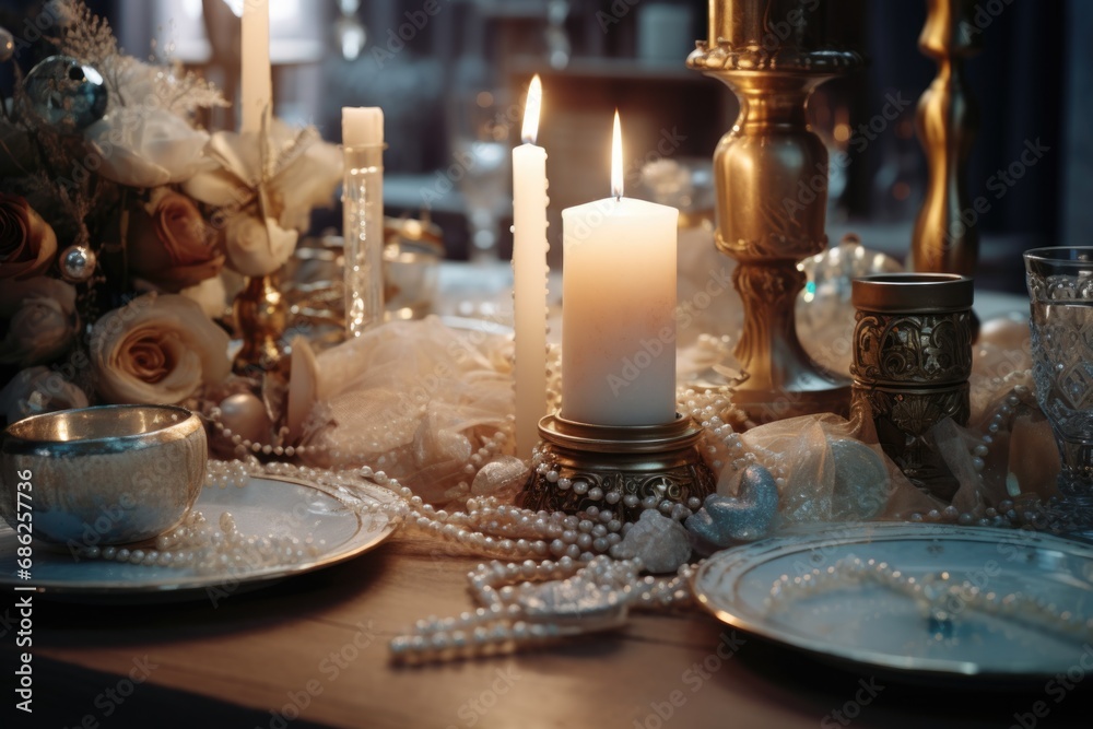 A picture of a table set with a candle, plates, and silverware. This versatile image can be used for various occasions and themes. A picture of a table set with a candle, plates, and silverware. This versatile image can be used for various occasions and themes.