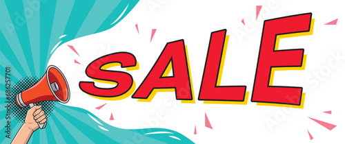 Loudspeaker in a hand and text SALE in a pop art style. Vector illustration
