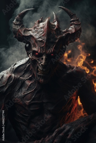 A sinister-looking creature with menacing horns against a dark backdrop. This image can be used to create a spooky and eerie atmosphere in various projects. © Fotograf