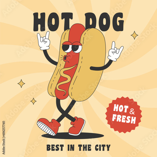 Trendy poster with groovy hippie hot dog. Cartoon character in trendy retro style. Vector illustration