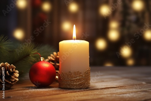 A candle and a Christmas ornament placed on a table. This image can be used to depict holiday decorations or create a festive atmosphere. © Fotograf