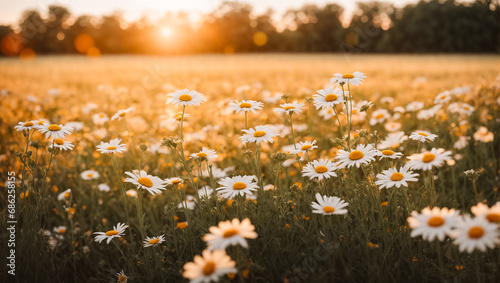 Beautiful summer chamomile flowers on a clearing close-up, background photo