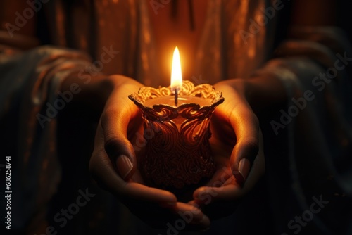 A person holding a lit candle in their hands. This image can be used to create a warm and intimate atmosphere or to symbolize hope and enlightenment.