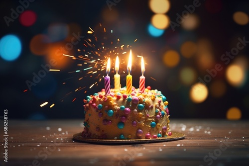 A picture of a birthday cake with candles lit and colorful sprinkles. This image can be used to celebrate birthdays and special occasions. photo