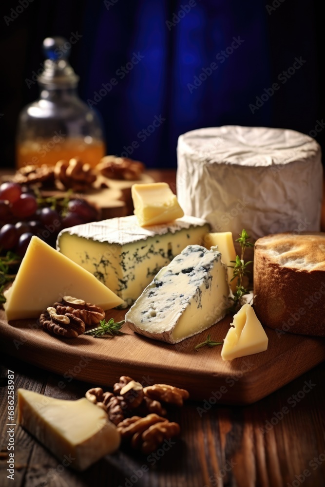 A wooden cutting board with a variety of cheese and nuts. This image can be used to showcase a delicious cheese platter or to depict a healthy snack option.