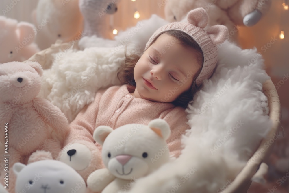 A peaceful image of a baby sleeping soundly in a basket, surrounded by an adorable collection of stuffed animals. Perfect for nursery decorations or baby-related projects. A peaceful image of a baby sleeping soundly in a basket, surrounded by an adorable collection of stuffed animals. Perfect for nursery decorations or baby-related projects.