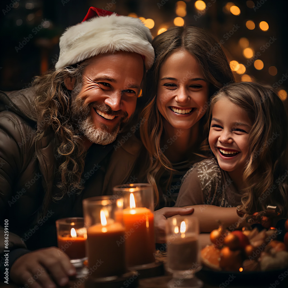 A family glows by candlelight, laughter in their eyes