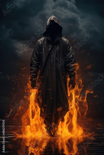 A man wearing a hooded jacket stands in front of a crackling fire. This image can be used to depict warmth  comfort  or outdoor activities.