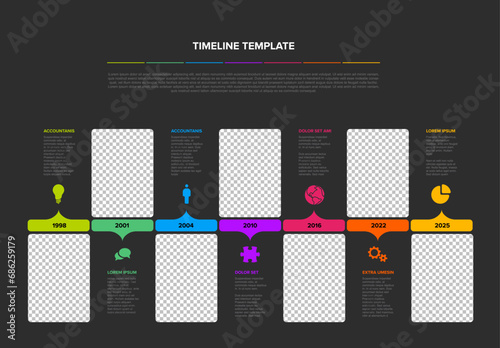 Simple dark timeline process infographic with color blocks and photo placeholders