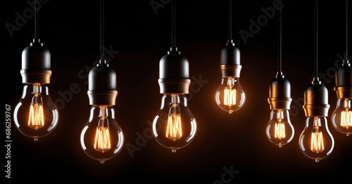 Light bulbs hanging glowing on black background isolated, 3d illustration