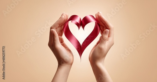 Pink ribbon Heart shaped and white hands isolated on white background  love together symbol  hold out hand gesture  charity concept  3d rendering 