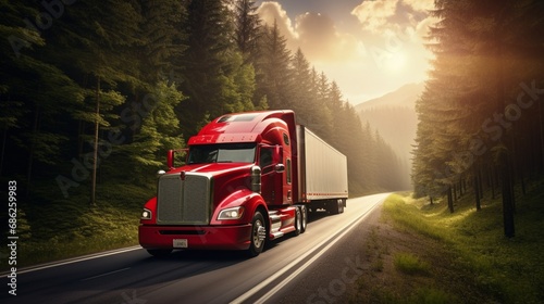 Bright red big rig semi truck with semi trailer in a hurry for timely delivery of goods running on the green forest roa, photo
